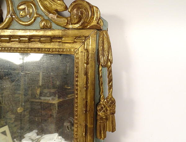 Louis XVI Mirror in Golden Carved Wood, Pediment with Bow Flower Ribbons, 18th Century Mirror