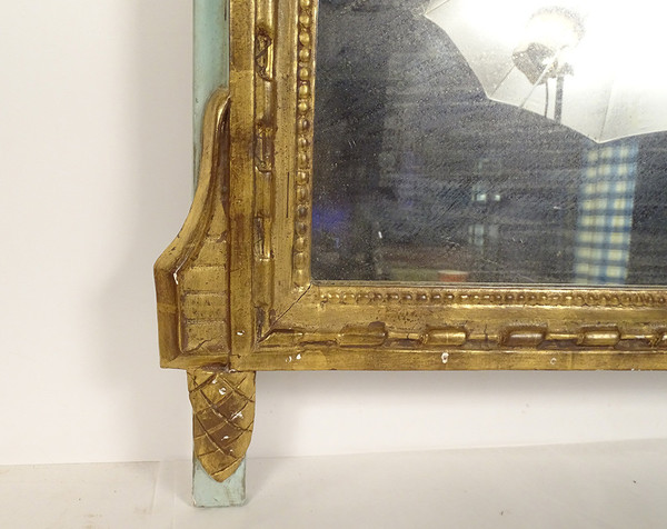 Louis XVI Mirror in Golden Carved Wood, Pediment with Bow Flower Ribbons, 18th Century Mirror