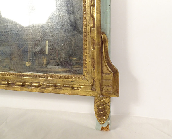 Louis XVI Mirror in Golden Carved Wood, Pediment with Bow Flower Ribbons, 18th Century Mirror