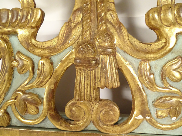 Louis XVI Mirror in Golden Carved Wood, Pediment with Bow Flower Ribbons, 18th Century Mirror