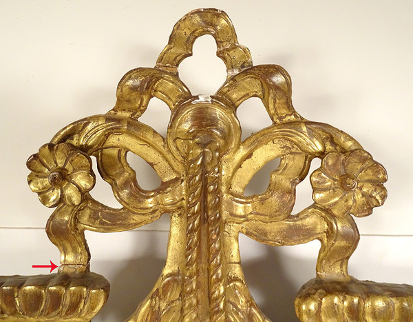 Louis XVI Mirror in Golden Carved Wood, Pediment with Bow Flower Ribbons, 18th Century Mirror