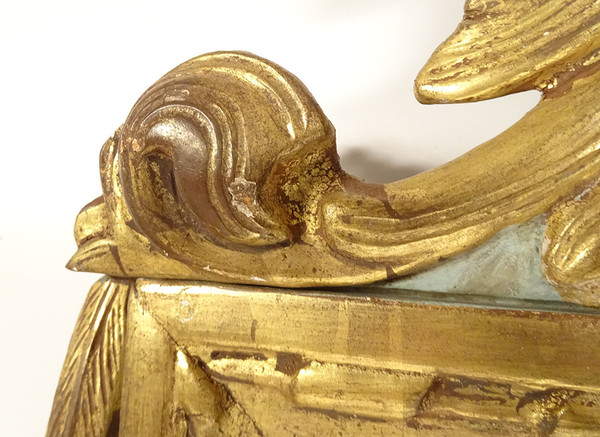 Louis XVI Mirror in Golden Carved Wood, Pediment with Bow Flower Ribbons, 18th Century Mirror