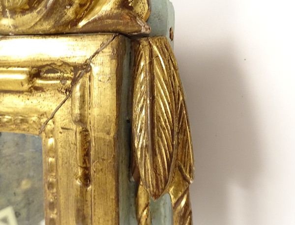 Louis XVI Mirror in Golden Carved Wood, Pediment with Bow Flower Ribbons, 18th Century Mirror