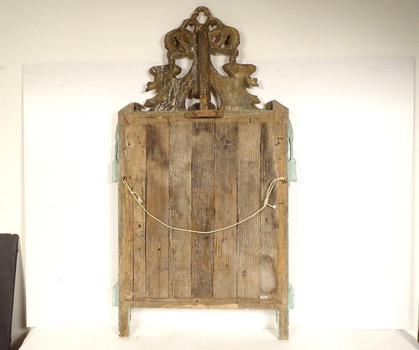 Louis XVI Mirror in Golden Carved Wood, Pediment with Bow Flower Ribbons, 18th Century Mirror