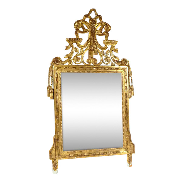Louis XVI Mirror in Golden Carved Wood, Pediment with Bow Flower Ribbons, 18th Century Mirror