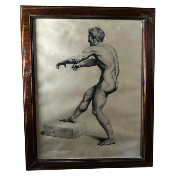 Charcoal Middle XIX Academy Of Man, Signed And Dated