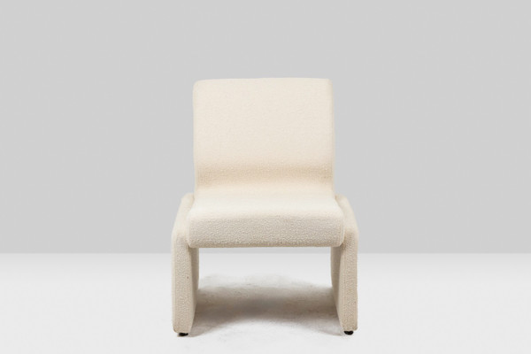 Pair of white bouclé low chairs, 1970s