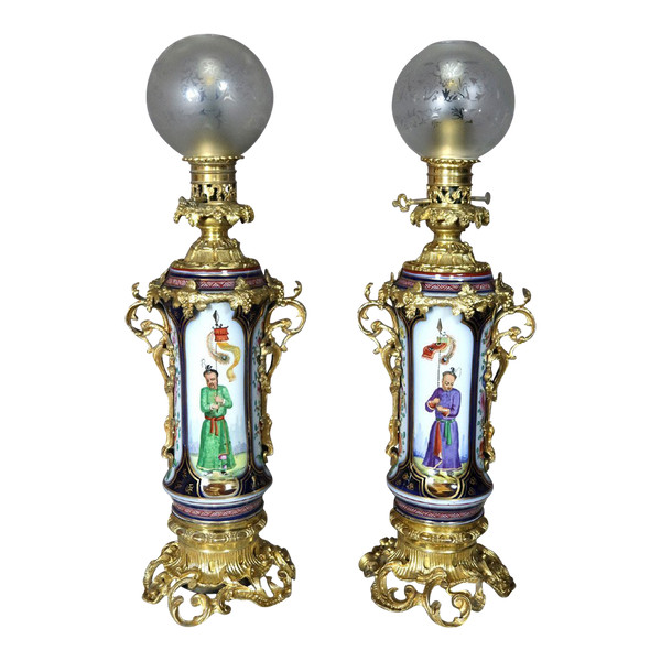 Pair Of Lamps In Bayeux Porcelain And Gilt Bronze 19th Century