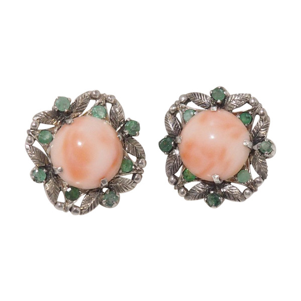 Boucles d'Oreilles En Argent, Corail Et Emeraudes