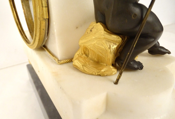 Pendulum in Gilt Bronze and Turquin Carrara Marble "Warrior Loves" Cupid XVIII