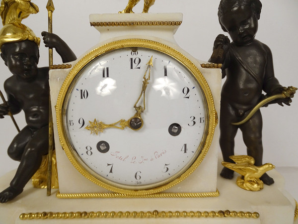 Pendulum in Gilt Bronze and Turquin Carrara Marble "Warrior Loves" Cupid XVIII