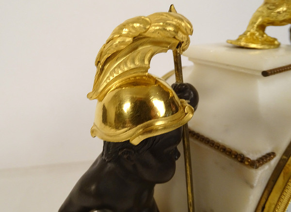 Pendulum in Gilt Bronze and Turquin Carrara Marble "Warrior Loves" Cupid XVIII