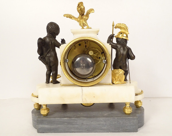 Pendulum in Gilt Bronze and Turquin Carrara Marble "Warrior Loves" Cupid XVIII