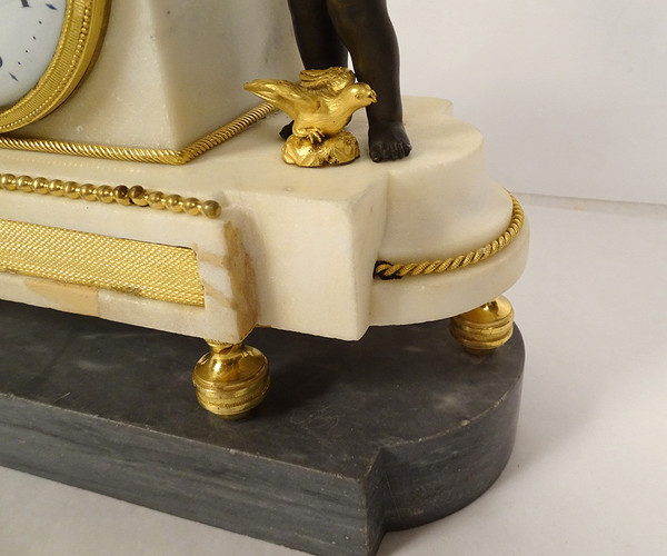 Pendulum in Gilt Bronze and Turquin Carrara Marble "Warrior Loves" Cupid XVIII