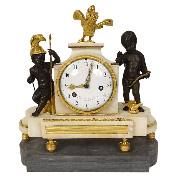 Pendulum in Gilt Bronze and Turquin Carrara Marble "Warrior Loves" Cupid XVIII