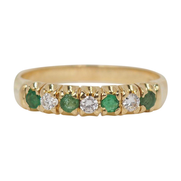 Bague Demi Alliance En Or Jaune, Diamants Et Emeraudes