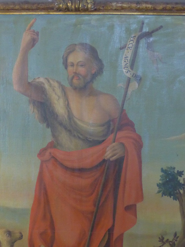 Grande dipinto del XIX secolo "San Giovanni Battista e l'agnello mistico", cornice del XVII secolo