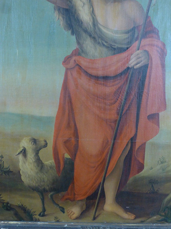 Grande dipinto del XIX secolo "San Giovanni Battista e l'agnello mistico", cornice del XVII secolo