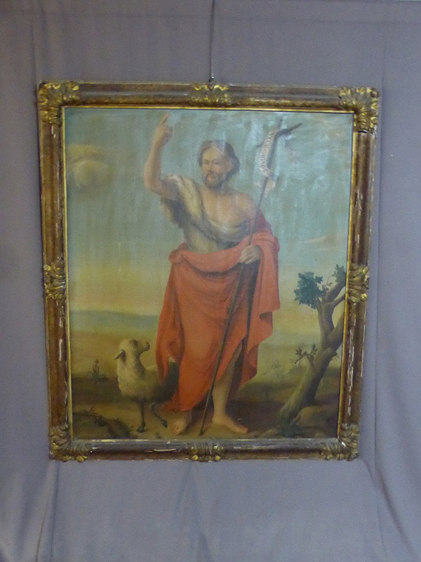 Grande dipinto del XIX secolo "San Giovanni Battista e l'agnello mistico", cornice del XVII secolo
