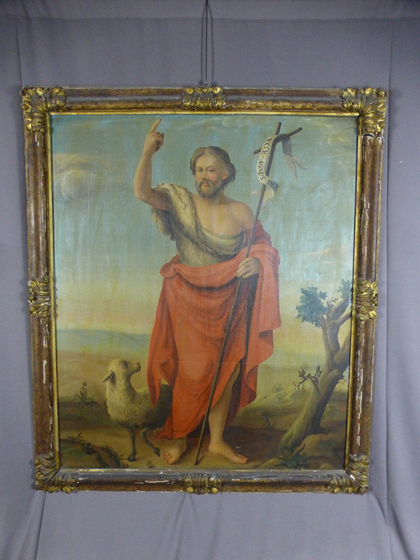 Grande dipinto del XIX secolo "San Giovanni Battista e l'agnello mistico", cornice del XVII secolo
