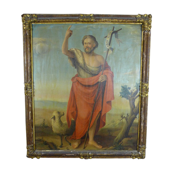 Grande dipinto del XIX secolo "San Giovanni Battista e l'agnello mistico", cornice del XVII secolo