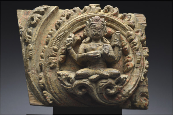Nepal, 14th-15th century, Solid wood panel representing Vishnu's shakti