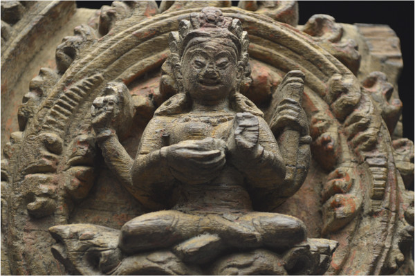 Nepal, 14th-15th century, Solid wood panel representing Vishnu's shakti