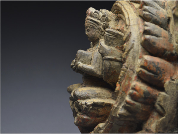 Nepal, 14th-15th century, Solid wood panel representing Vishnu's shakti