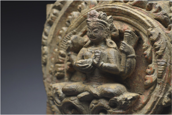 Nepal, 14th-15th century, Solid wood panel representing Vishnu's shakti