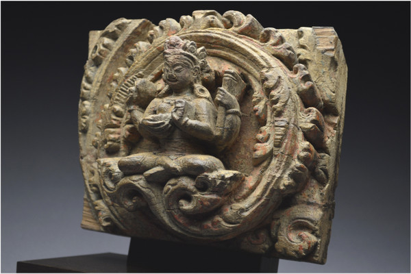Nepal, 14th-15th century, Solid wood panel representing Vishnu's shakti