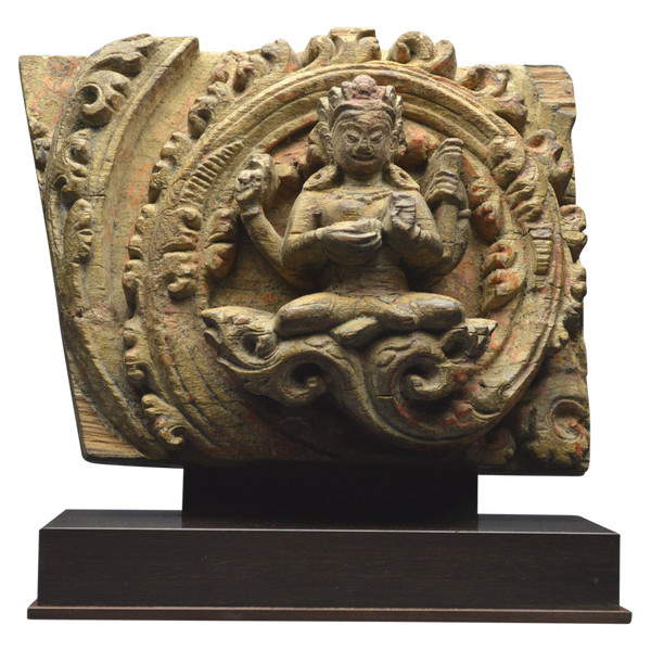Nepal, 14th-15th century, Solid wood panel representing Vishnu's shakti