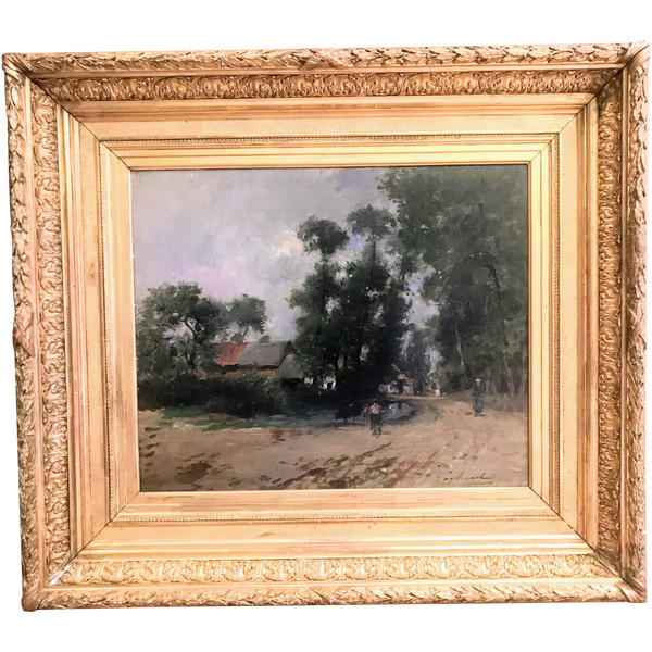 Cows drinking from the pond in front of a hamlet, with 2 figures, Julien-Gustave Gagliardini (1846-1927)