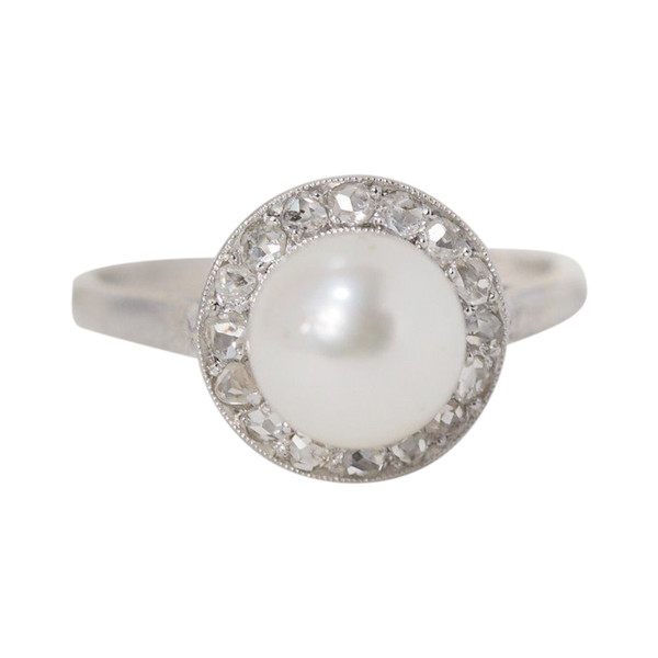 Bague En Or Gris, Perle De Culture Et Diamants