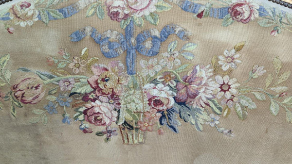 Lit De Style Louis XVI Laqué Et Doré Tapisserie Florale époque 1900