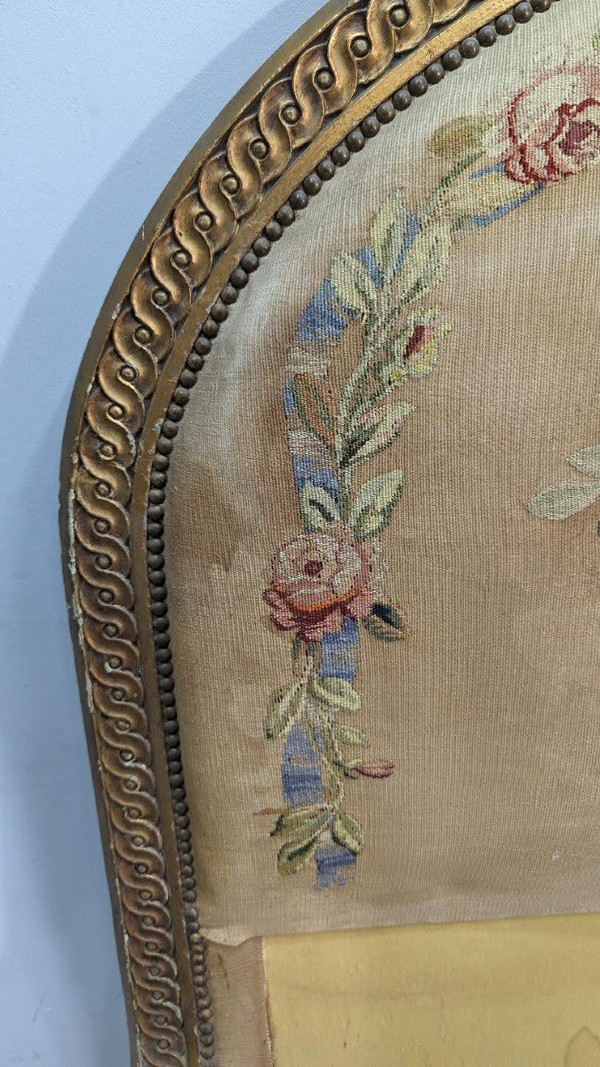 Lit De Style Louis XVI Laqué Et Doré Tapisserie Florale époque 1900