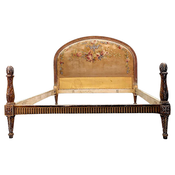 Lit De Style Louis XVI Laqué Et Doré Tapisserie Florale époque 1900