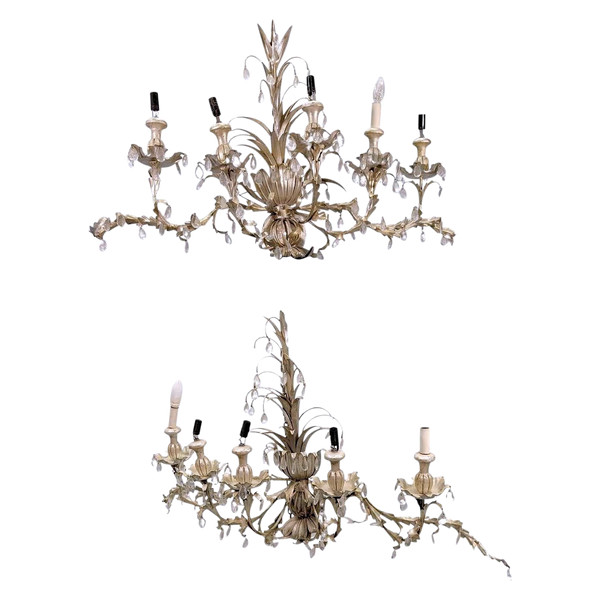 Large Pair Of Sconces In Patinated Sheet Metal With Spikes In The Spirit Of Maison Jansen