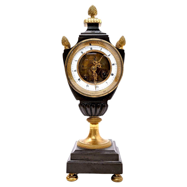 Vase-Shaped Skeleton Pendulum, Double Gold And Brown Patina, XIXth Century.