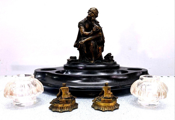 Rare Inkwell In Bronze And Black Marble With Integrated Bell System XIXth