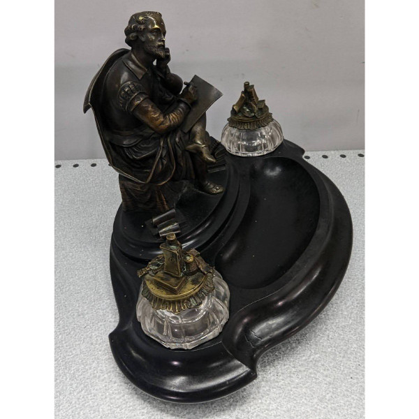 Rare Inkwell In Bronze And Black Marble With Integrated Bell System XIXth