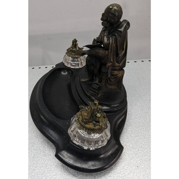 Rare Inkwell In Bronze And Black Marble With Integrated Bell System XIXth