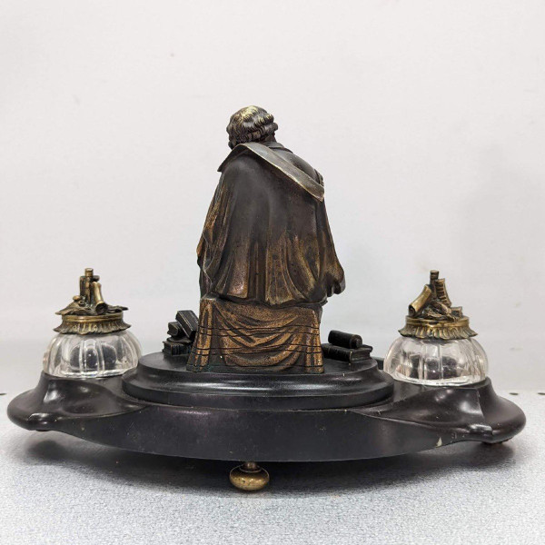 Rare Inkwell In Bronze And Black Marble With Integrated Bell System XIXth