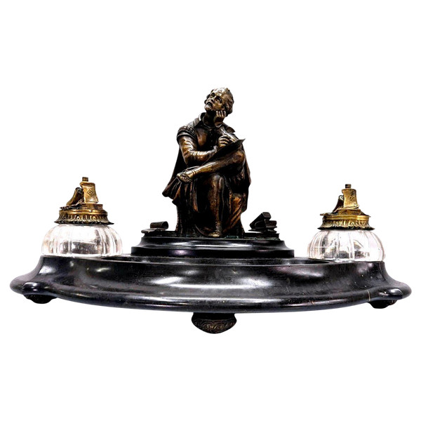 Rare Inkwell In Bronze And Black Marble With Integrated Bell System XIXth