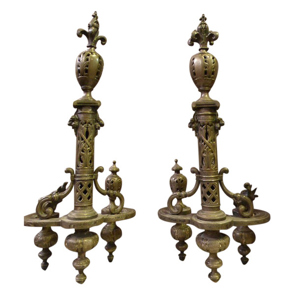 Pair Of Andirons In Silver Bronze