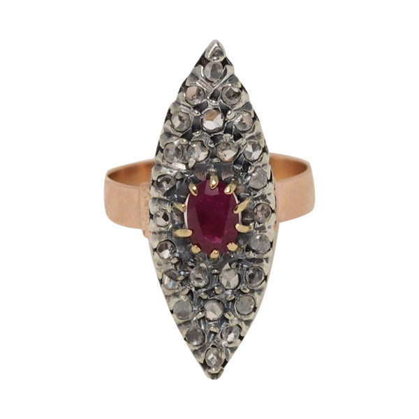 Marquise-Ring aus zweifarbigem Gold, Rubinen und Rosen