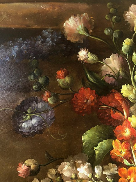 Large process on canvas enhanced by hand, bouquet of flowers on entablature
