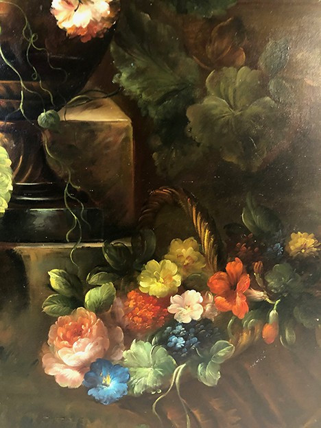 Large process on canvas enhanced by hand, bouquet of flowers on entablature