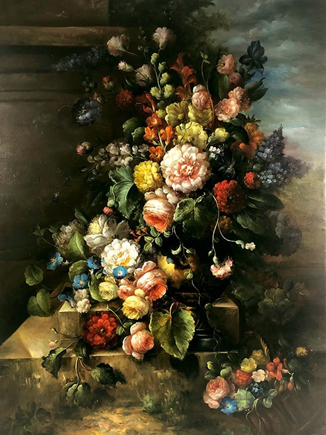 Large process on canvas enhanced by hand, bouquet of flowers on entablature