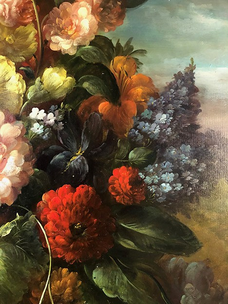 Large process on canvas enhanced by hand, bouquet of flowers on entablature