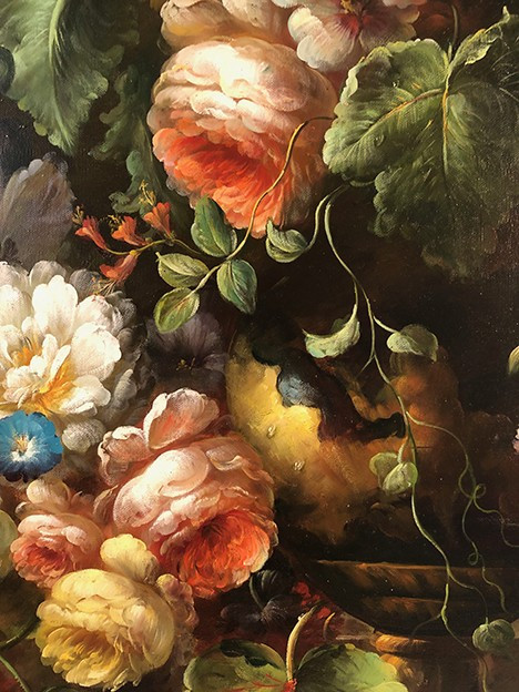 Large process on canvas enhanced by hand, bouquet of flowers on entablature
